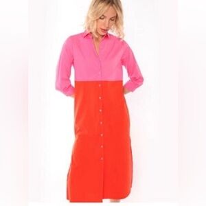 Vilagallo Pink Red Colorblock 3/4 Sleeve Button Up Midi Shirt Dress 40/US 8